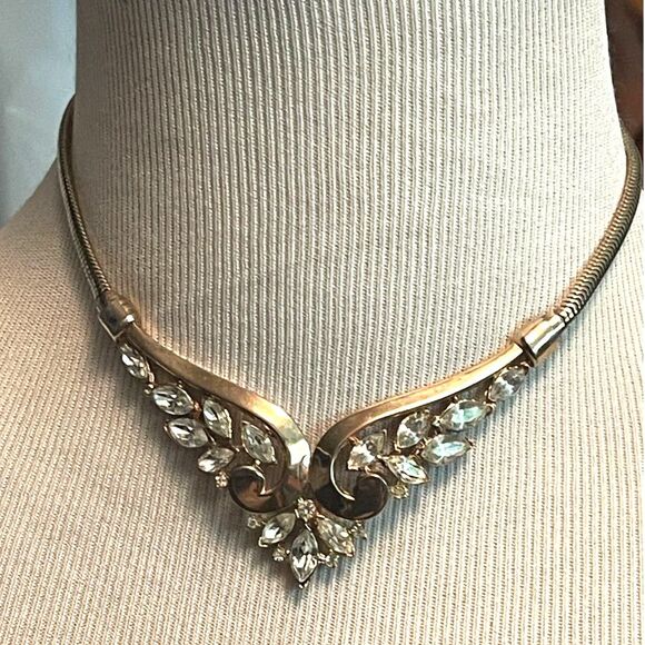 Vintage Crown Trifari Philippe GOLD & Rhinestone Marquis Stone Choker Necklace - Picture 9 of 15